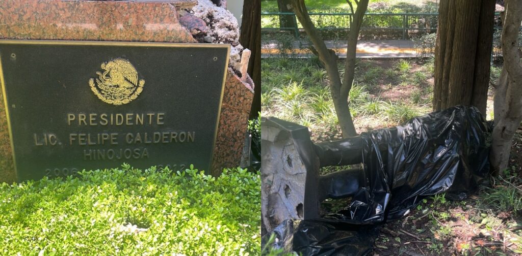 Exelectricistas irrumpen en Los Pinos y dañan estatua de Felipe Calderón